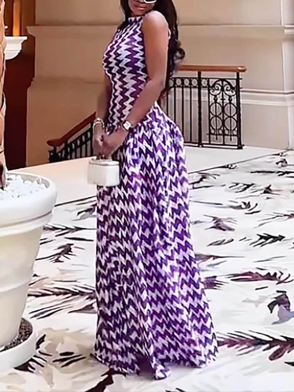 Robe longue extensible unique à imprimé zigzag violet