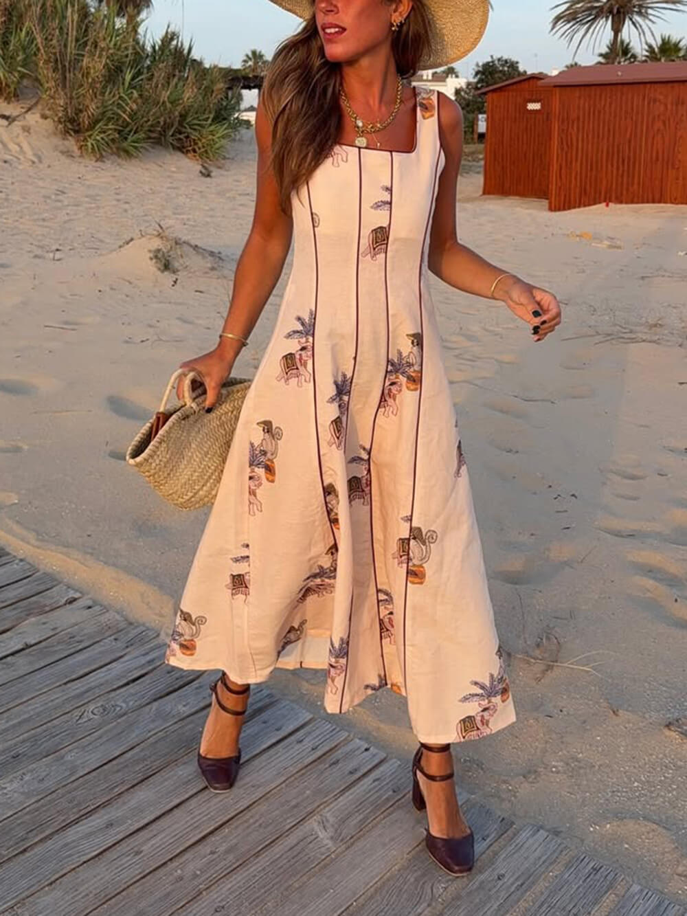 Elegantes A-Linien-Midikleid mit Patchwork-Print und quadratischem Ausschnitt