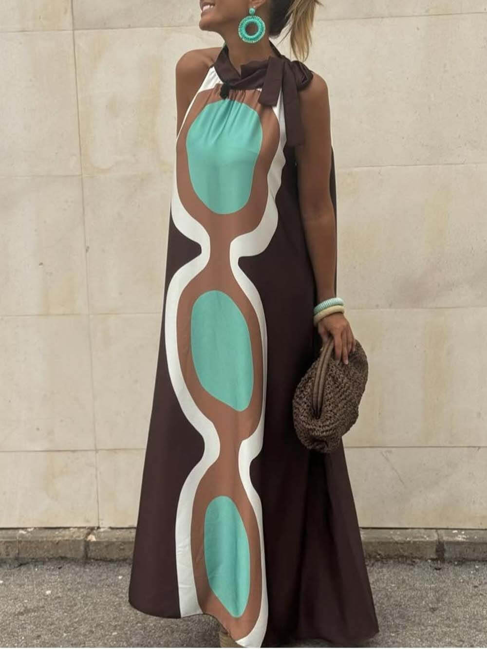 Robe longue ample à imprimé unique, sans manches, col licou, pour les vacances