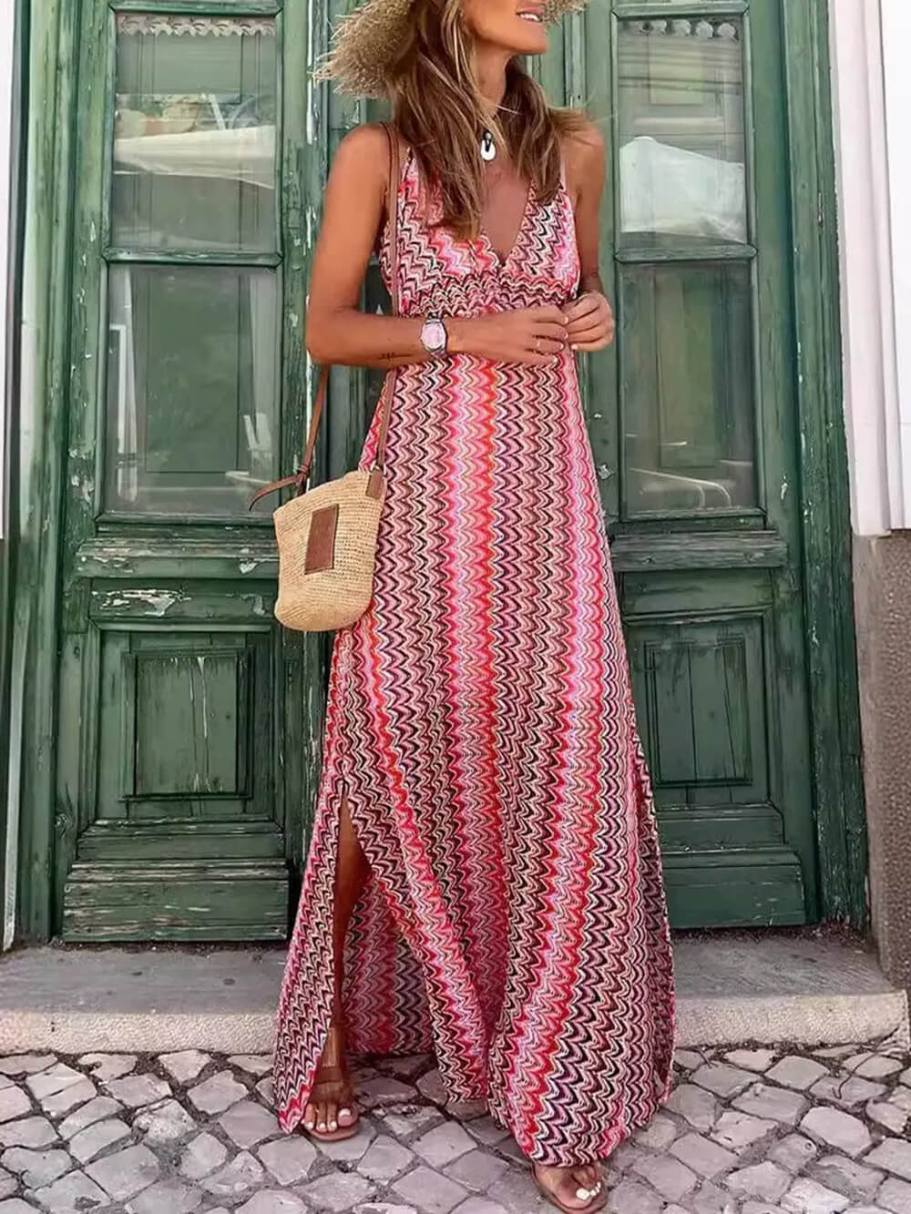 Robe longue fendue à bretelles spaghetti et col en V à imprimé bohème