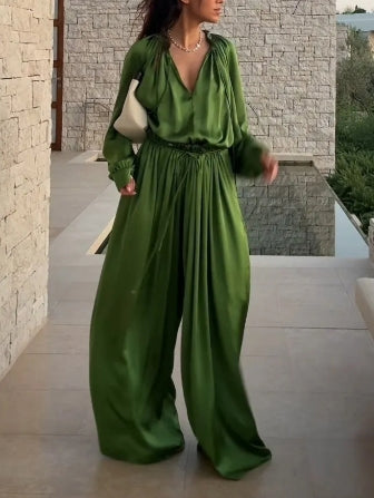 Pantalon large élégant en satin avec cordon de serrage