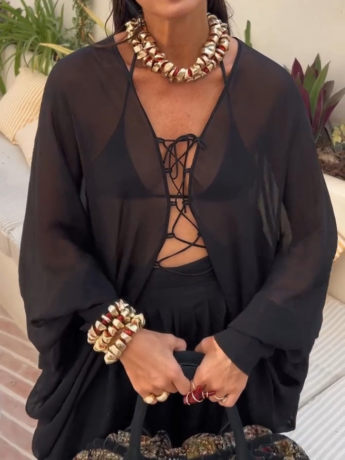 Elegant Sheer Lace-Up Loose Blouse