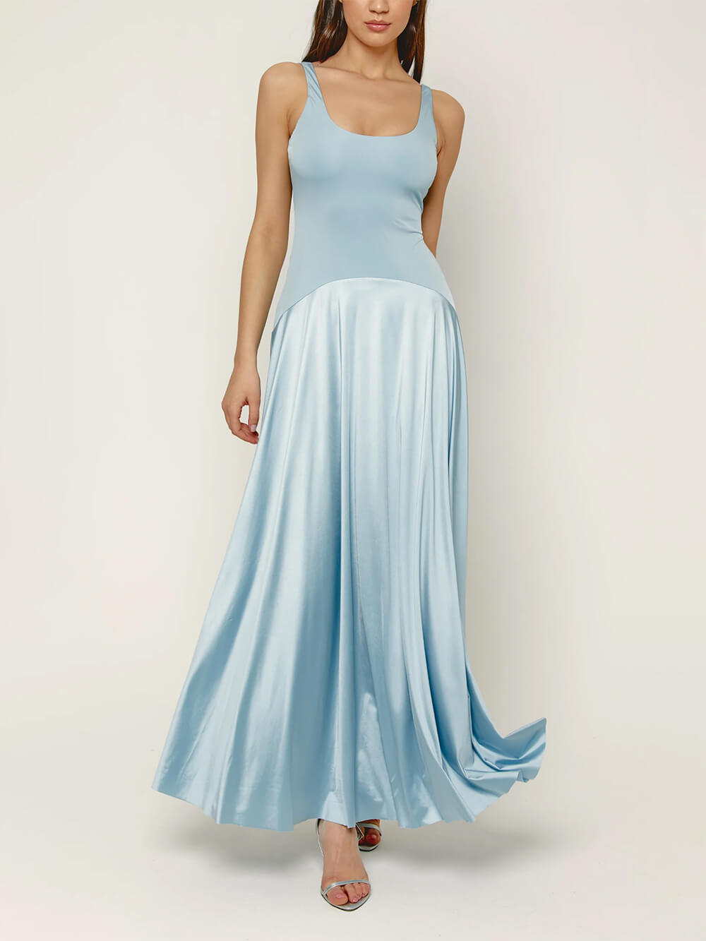 Elegant Curved Waist Spliced Satin Party Maxi Dress