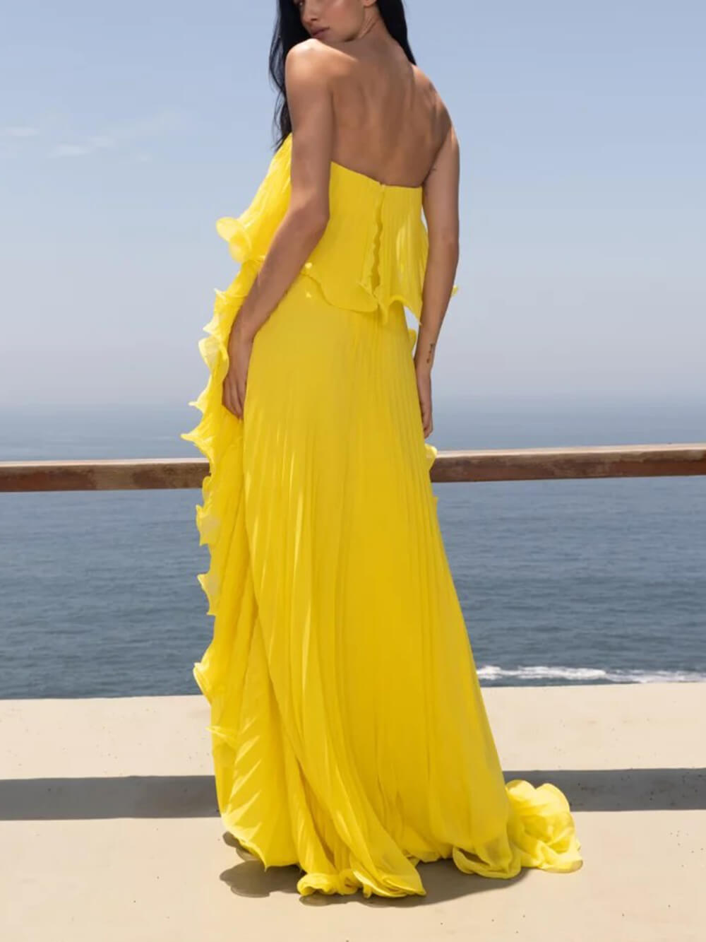 Elegant Chiffon Pleated Wavy Ruffles Trim Strapless Loose Maxi Dress