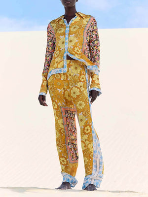 Unique Satin Floral Print Straight-Cut Loose Shirt