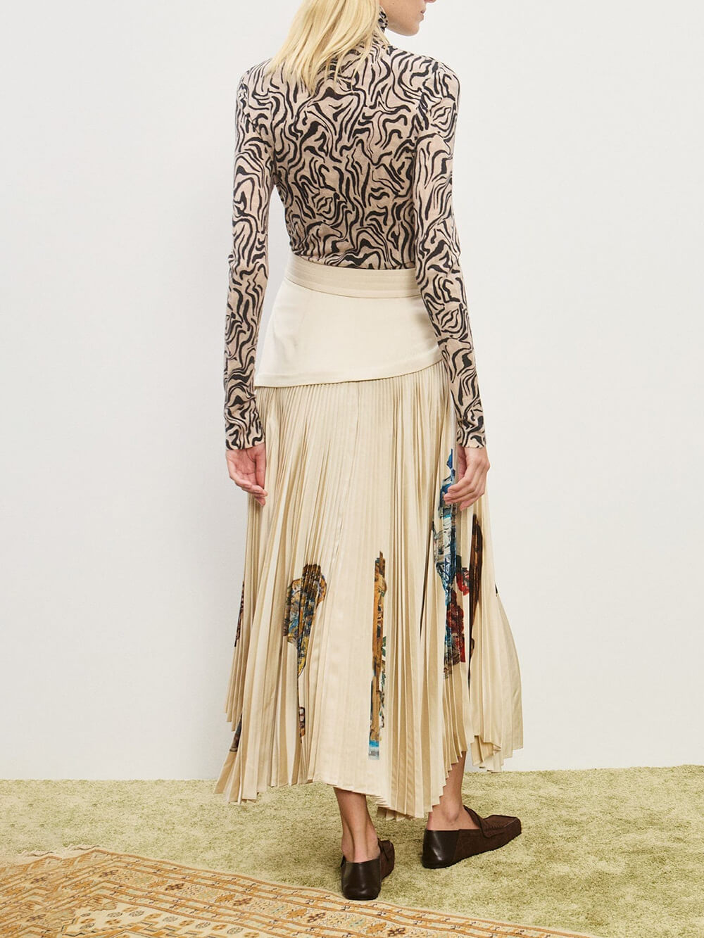 Retro Printed Ruched Patchwork Asymmetric Pleated Skirt