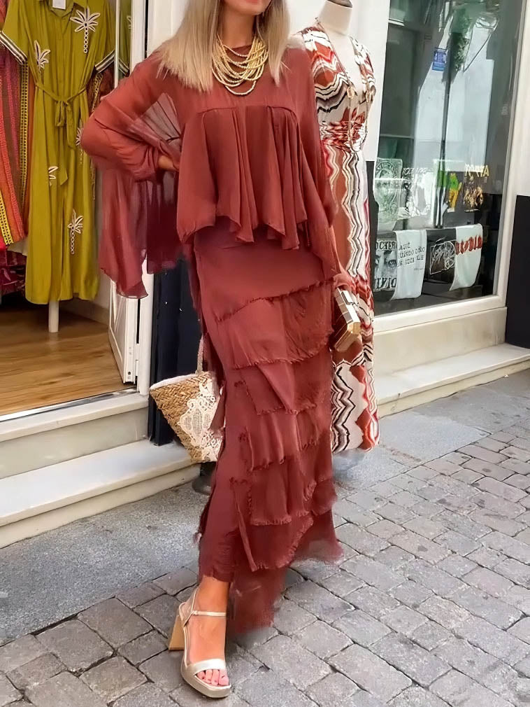 Elegant Layered Asymmetrical Ruffled Cape Maxi Dress