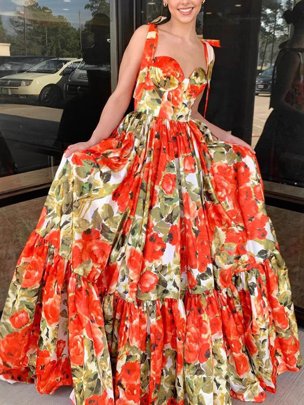 Robe longue trapèze élégante et sexy à imprimé floral, dos nu, volants et lien haut