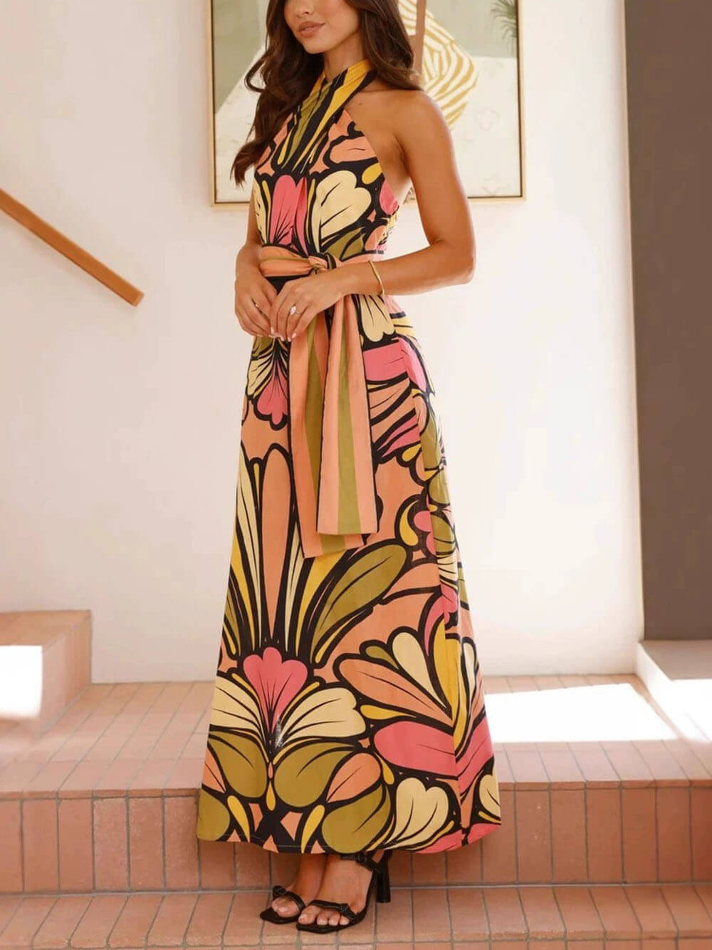 Elegant Floral Print Twist Neck Linen Halter Maxi Dress