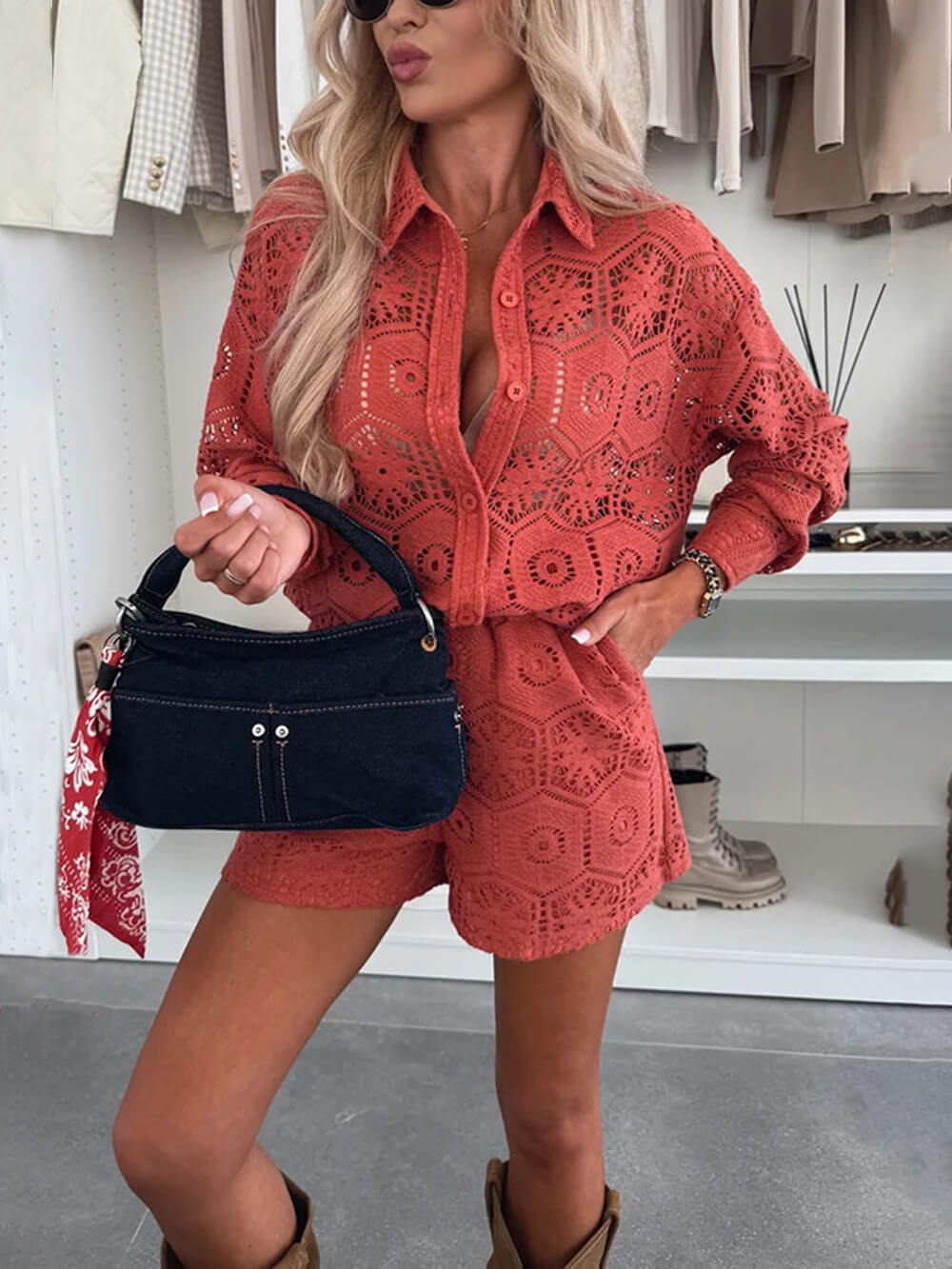 Ensemble haut et short en dentelle à simple boutonnage et revers de style décontracté