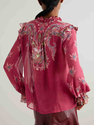 Chemise en mousseline de soie imprimée à volants style bohème exquise