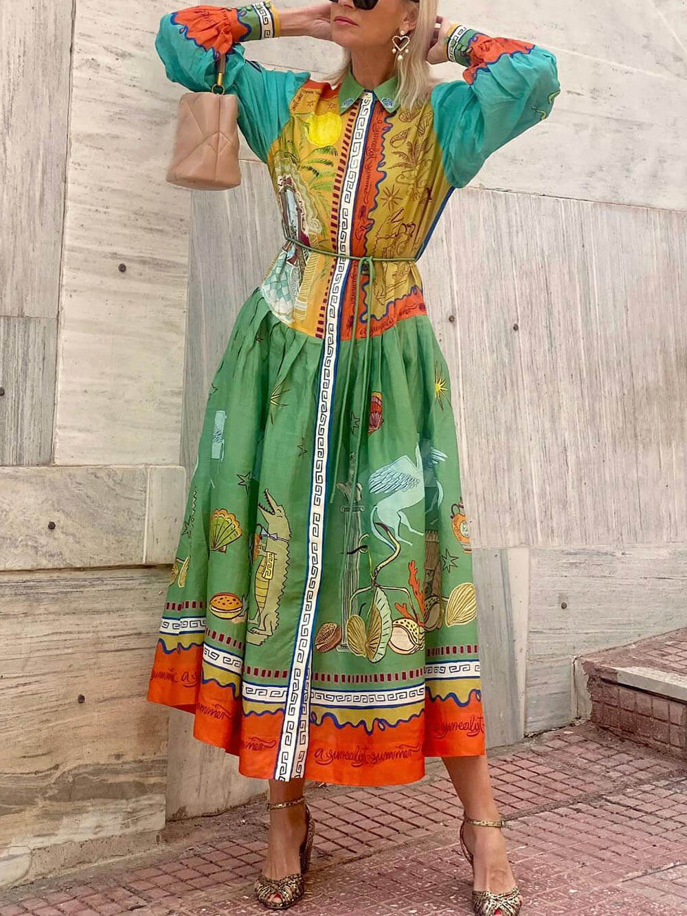 Robe longue ceinturée en lin à imprimé animal océanique