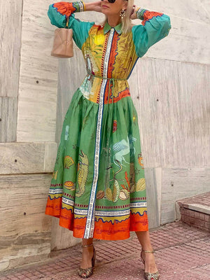 Unique – Maxikleid aus Leinen mit Ocean-Animal-Print und Gürtel