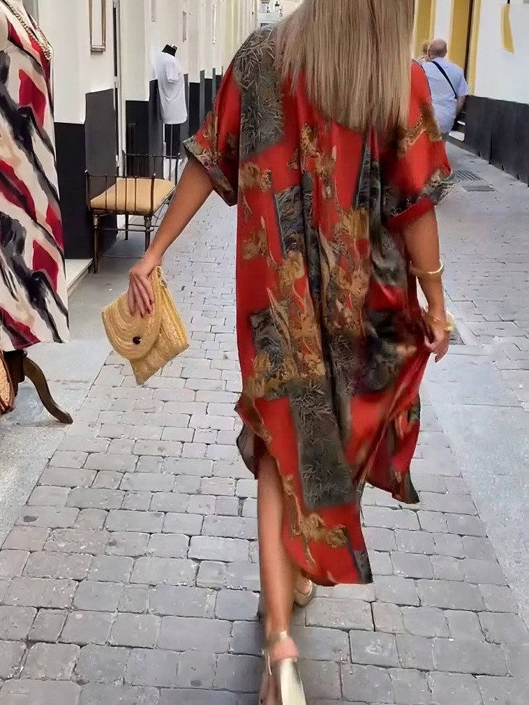 Robe chemise mi-longue à col en V et imprimé satin rétro