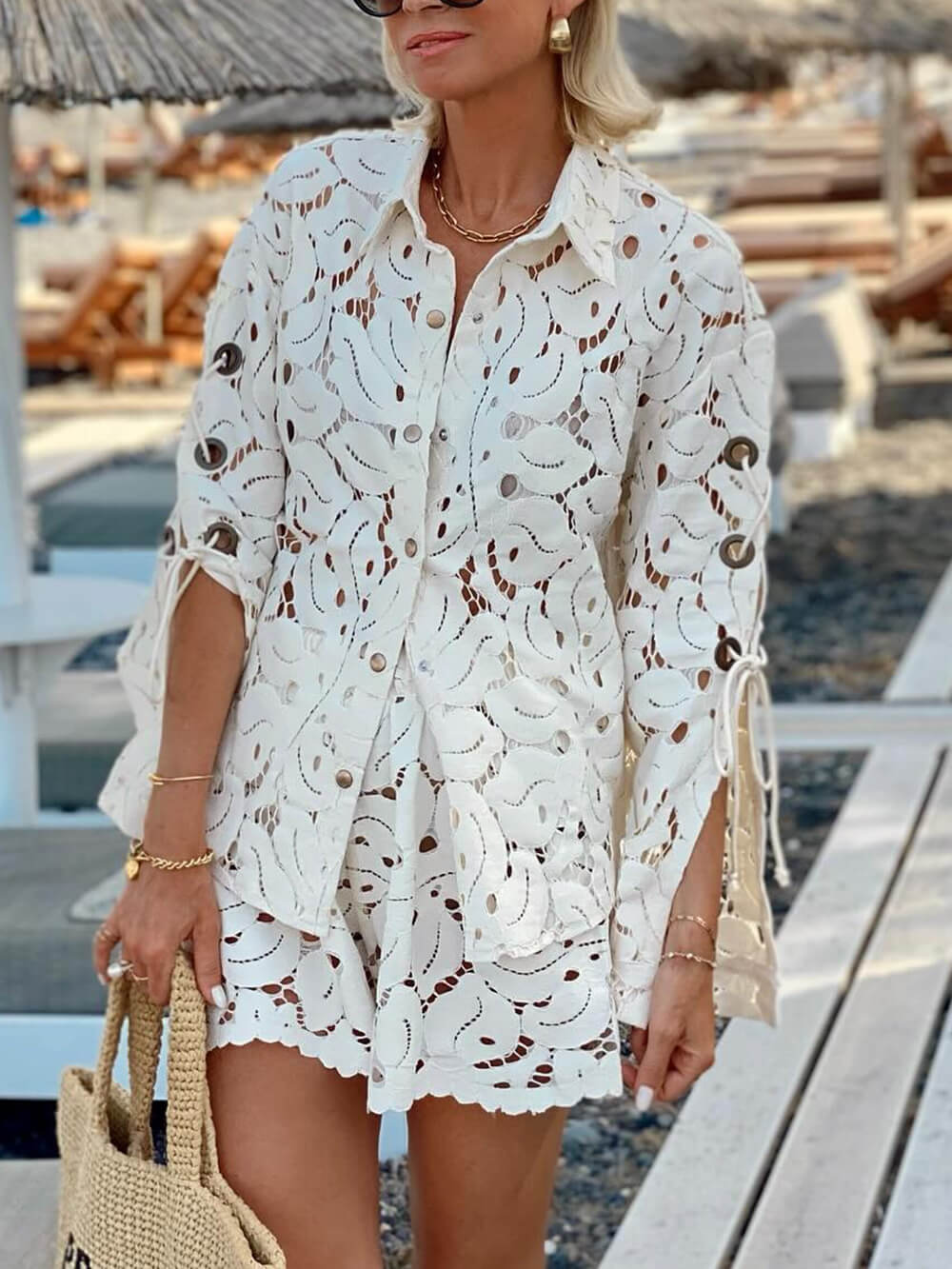 Vintage Exquisites Spitzen-Set mit gehäkelten Schlitzärmeln und Shorts