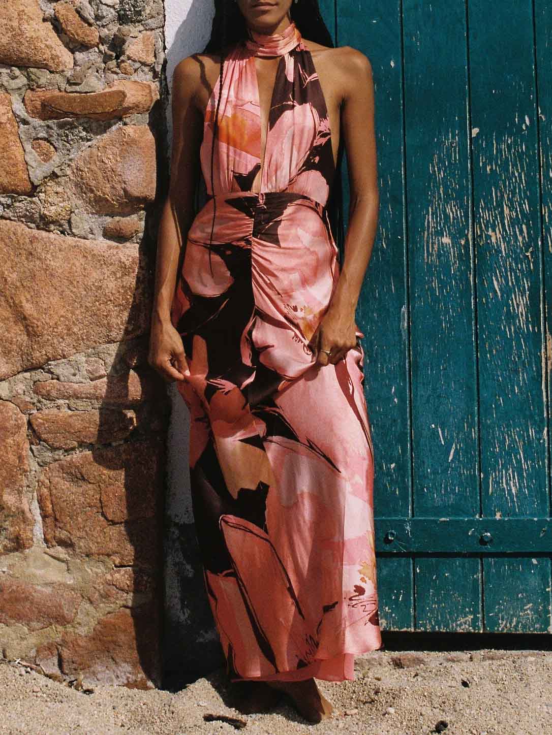 Elegant Halterneck Retro Floral Print Maxi Dress