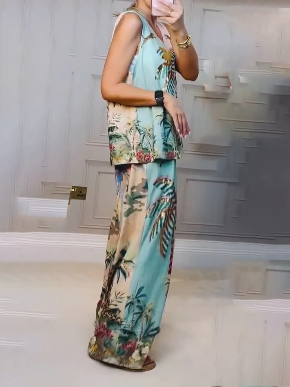 Einzigartige, lockere Hose mit weitem Bein und elastischer Taille mit Palmenmuster