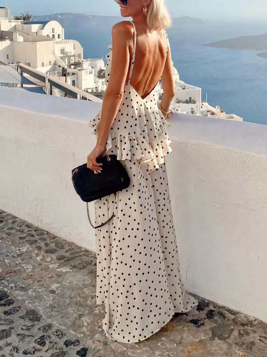 Lässiges Maxikleid mit V-Ausschnitt und Polka Dot Print und Rüschen