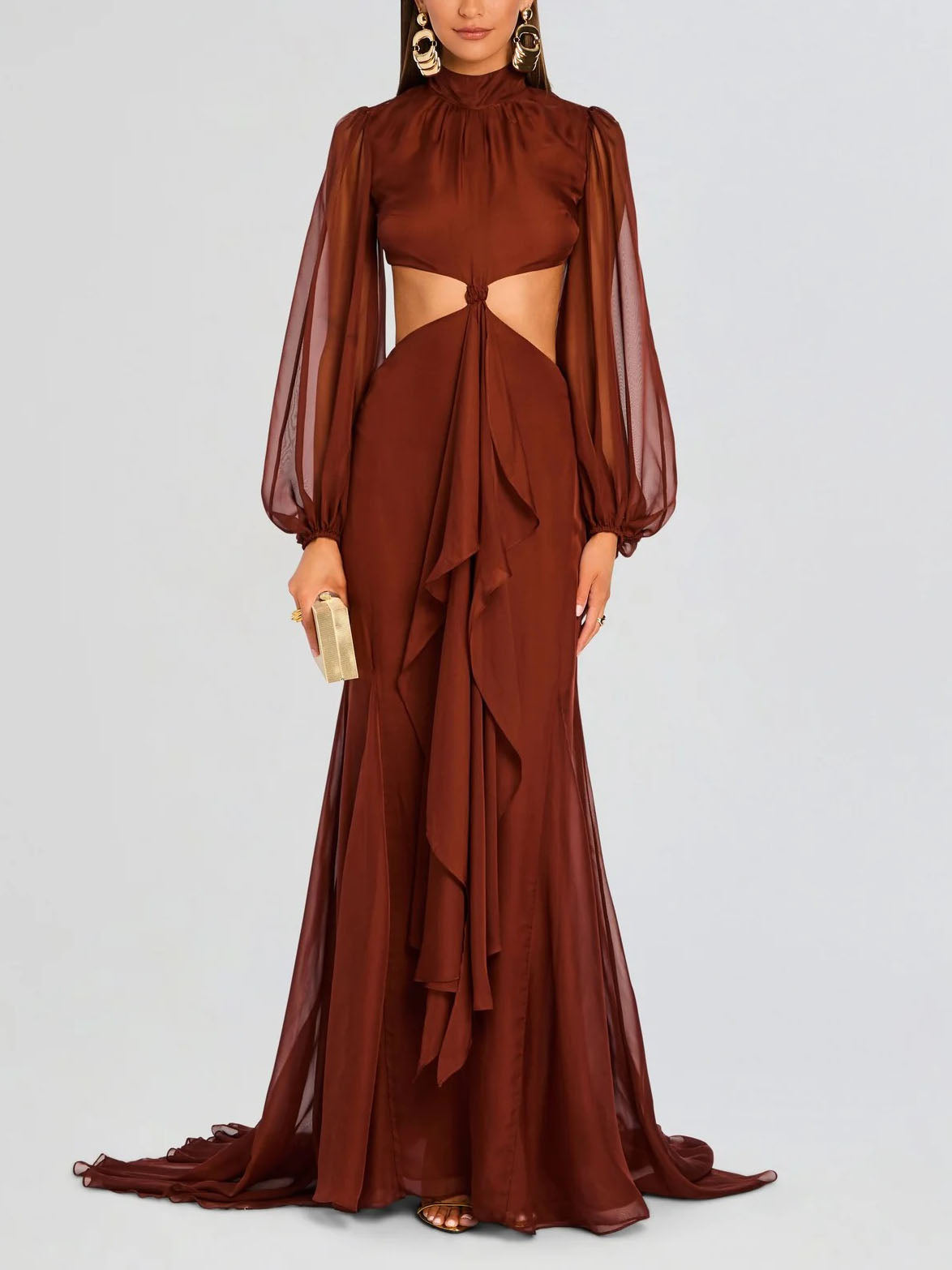 Elegant Cutout High-Neck Long-Sleeved Ruffled Maxi Dress