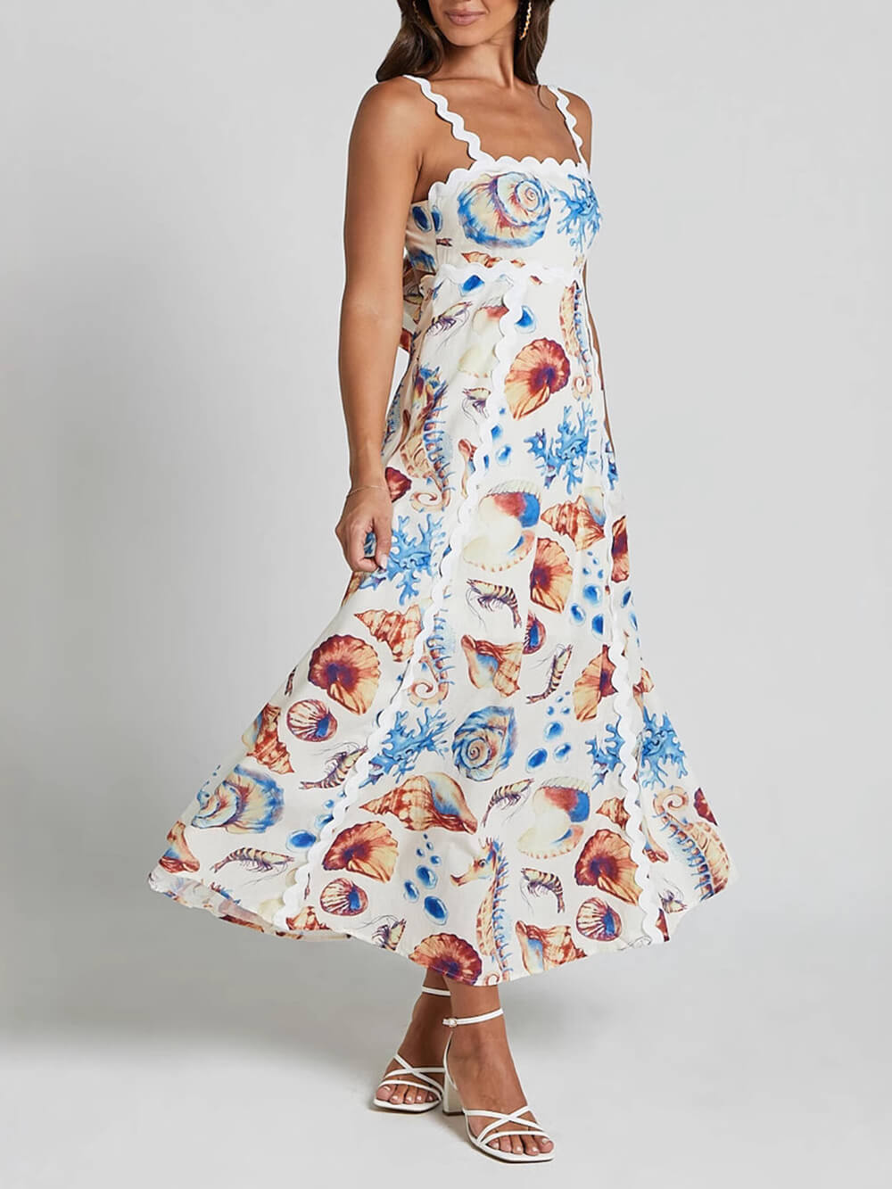 Robe longue décontractée à bretelles imprimées et patchwork pour les vacances