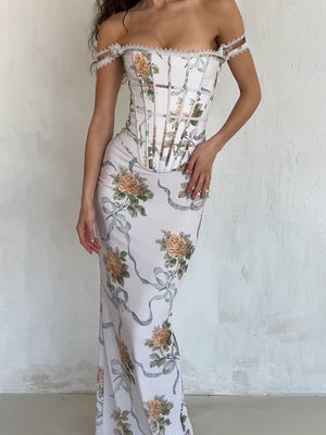 Korsett-Maxikleid mit Retro-Print