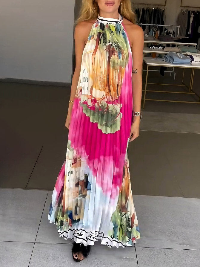 Einzigartiges plissiertes Maxikleid mit abstraktem Landschaftsdruck