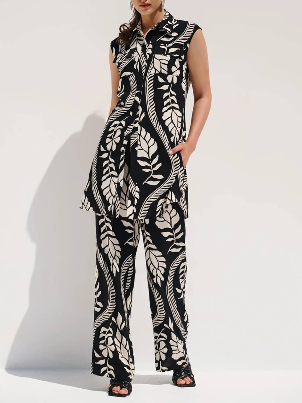Einzigartige Hose mit geradem Bein und hoher Taille und Aufdruck und elastischer Gürteltasche