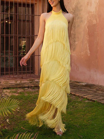 Elegant Halter Neck Tassel Party Maxi Dress