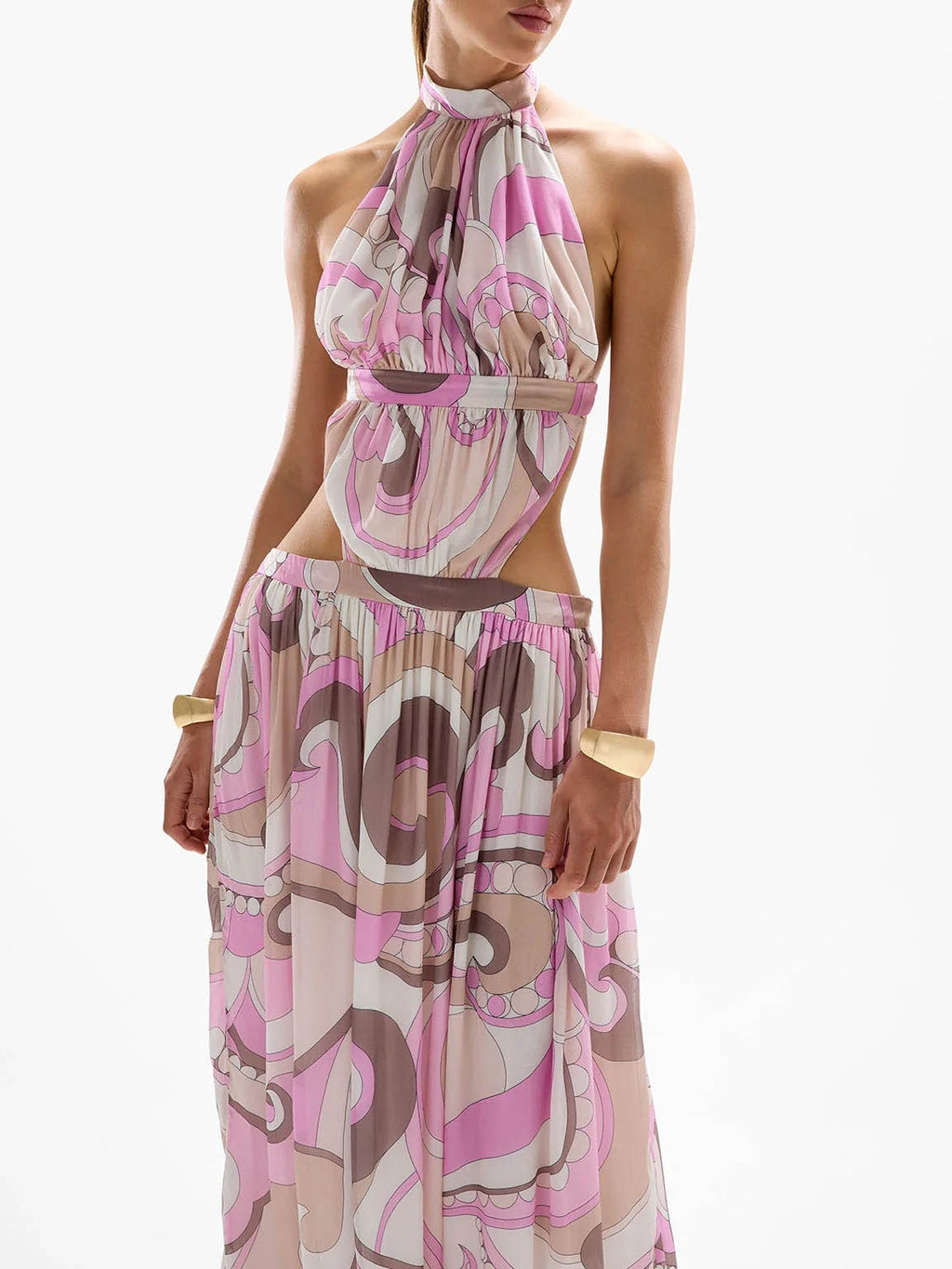 Exquisites Maxikleid mit Neckholder und Cut-Outs im abstrakten Print