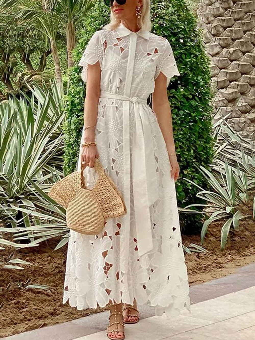 Robe longue d'été décontractée en dentelle à simple boutonnage