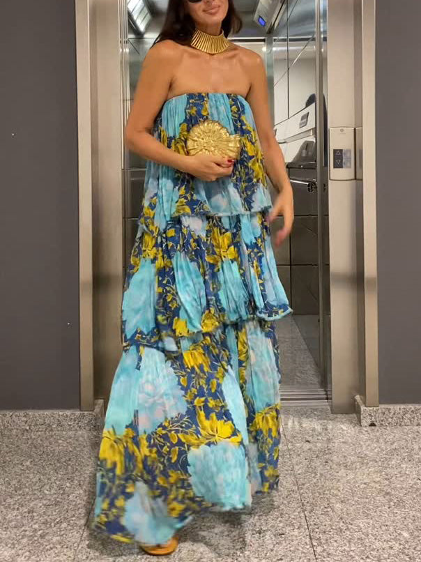 Elegant Floral Print Off-the-shoulder Split Maxi Dress