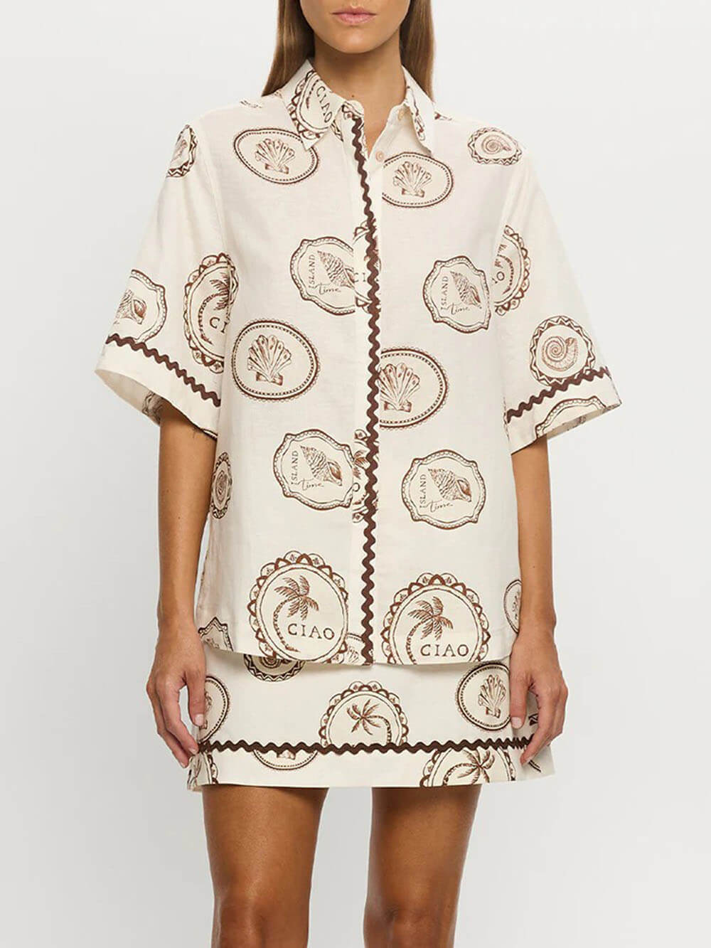 Elegant Lace-Up Linen Shell Print Short-Sleeved Shirt And Skirt Set