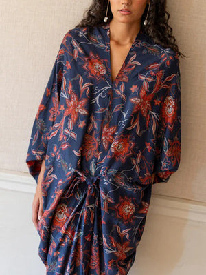 Retro Bohemian Floral Print Lace-Up Loose Maxi Dress