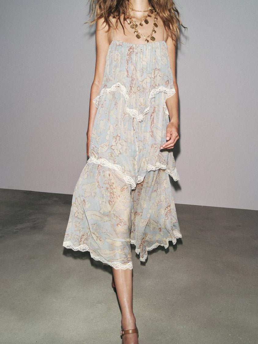 Robe longue en mousseline de soie à imprimé floral rétro et empiècements en dentelle