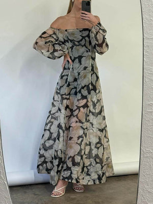 Elegant Off-Shoulder Printed Puff Sleeve Maxi Dress