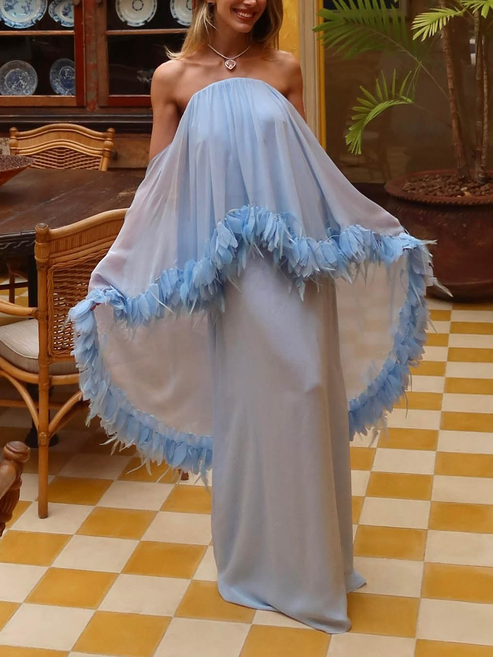 Elegant Off-the-shoulder Cape Chiffon Maxi Dress