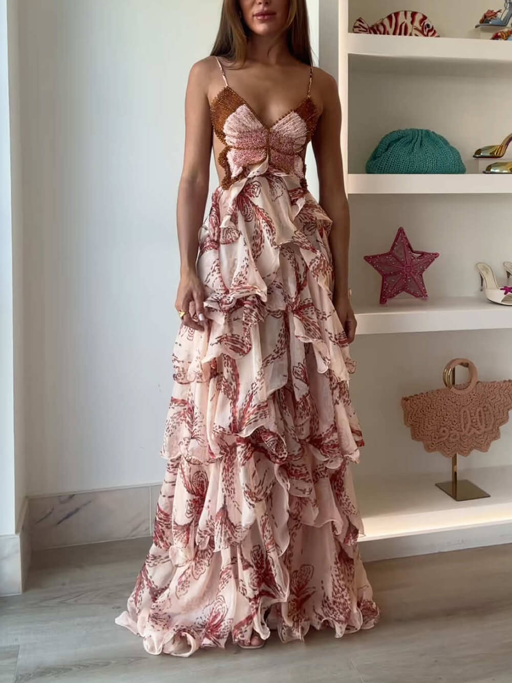 Maxikleid mit gestuftem Sunset-Schmetterlings-Print und Neckholder-Rücken