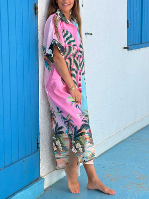 Robe longue à simple boutonnage et imprimé palmier Tung