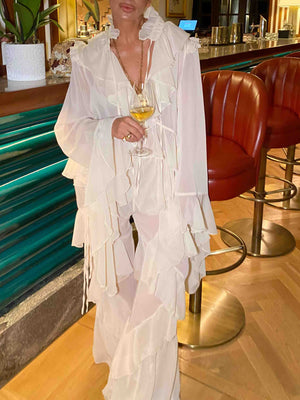 Chemise en mousseline à manches longues et volants tendance