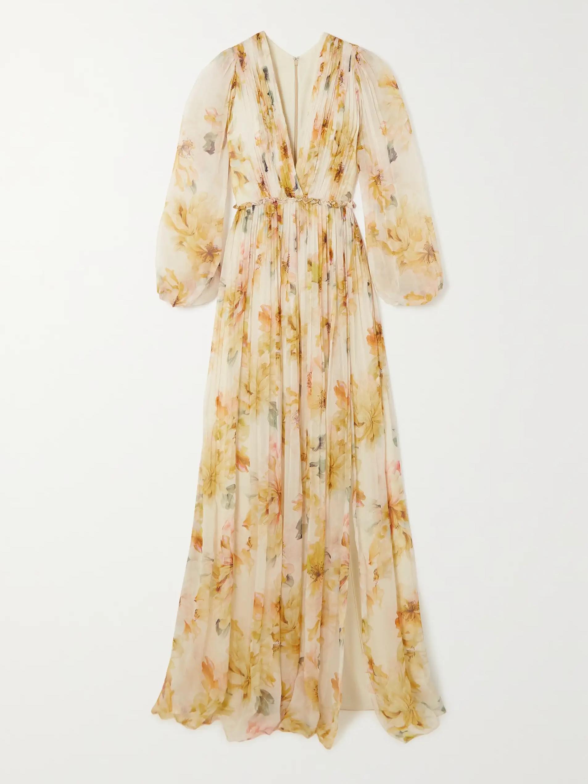 Robe longue plissée en mousseline de soie à imprimé floral et col en V
