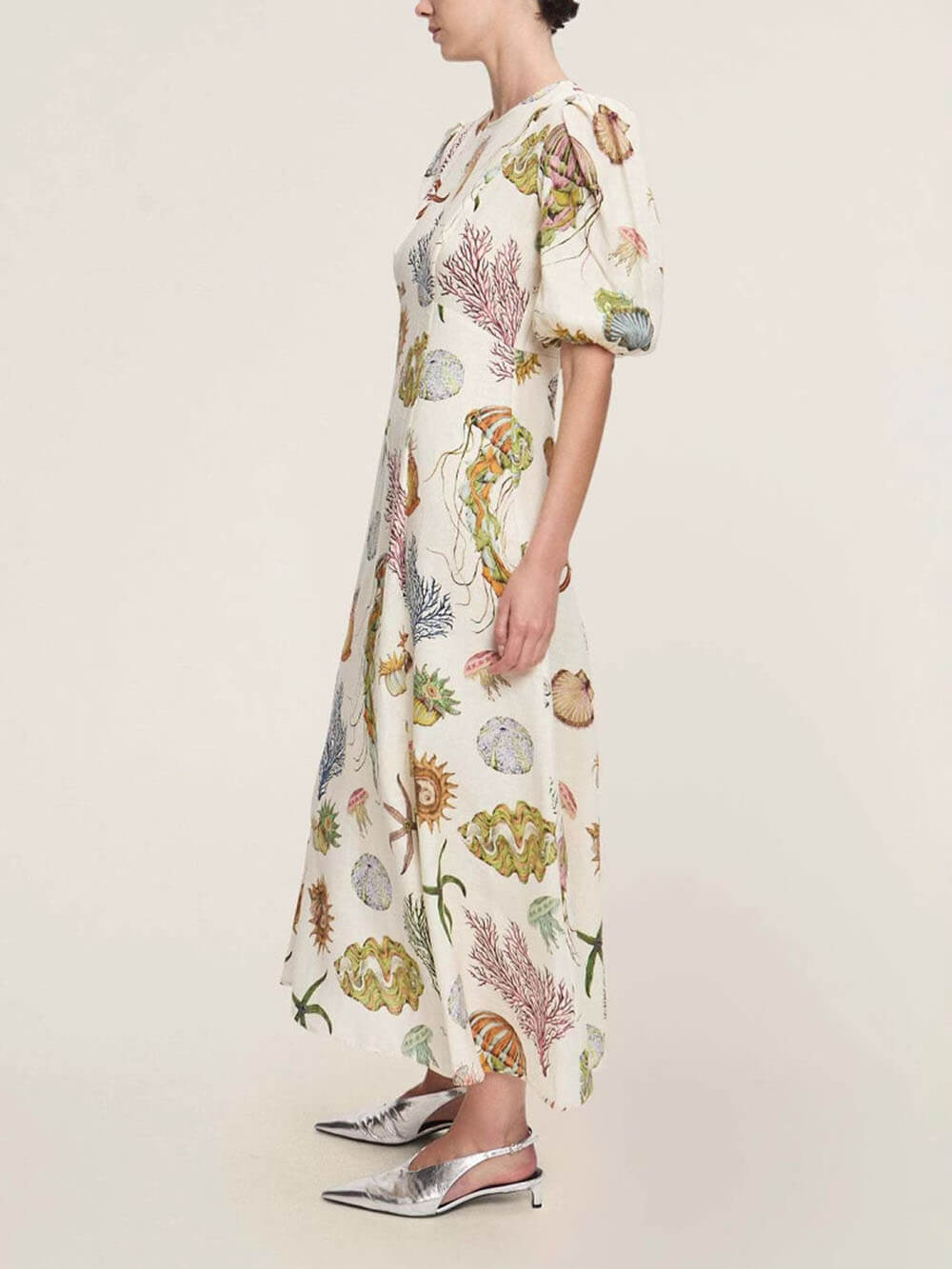 Einzigartiges und personalisiertes modisches Leinenkleid mit Laternenärmeln und Graffiti-Print