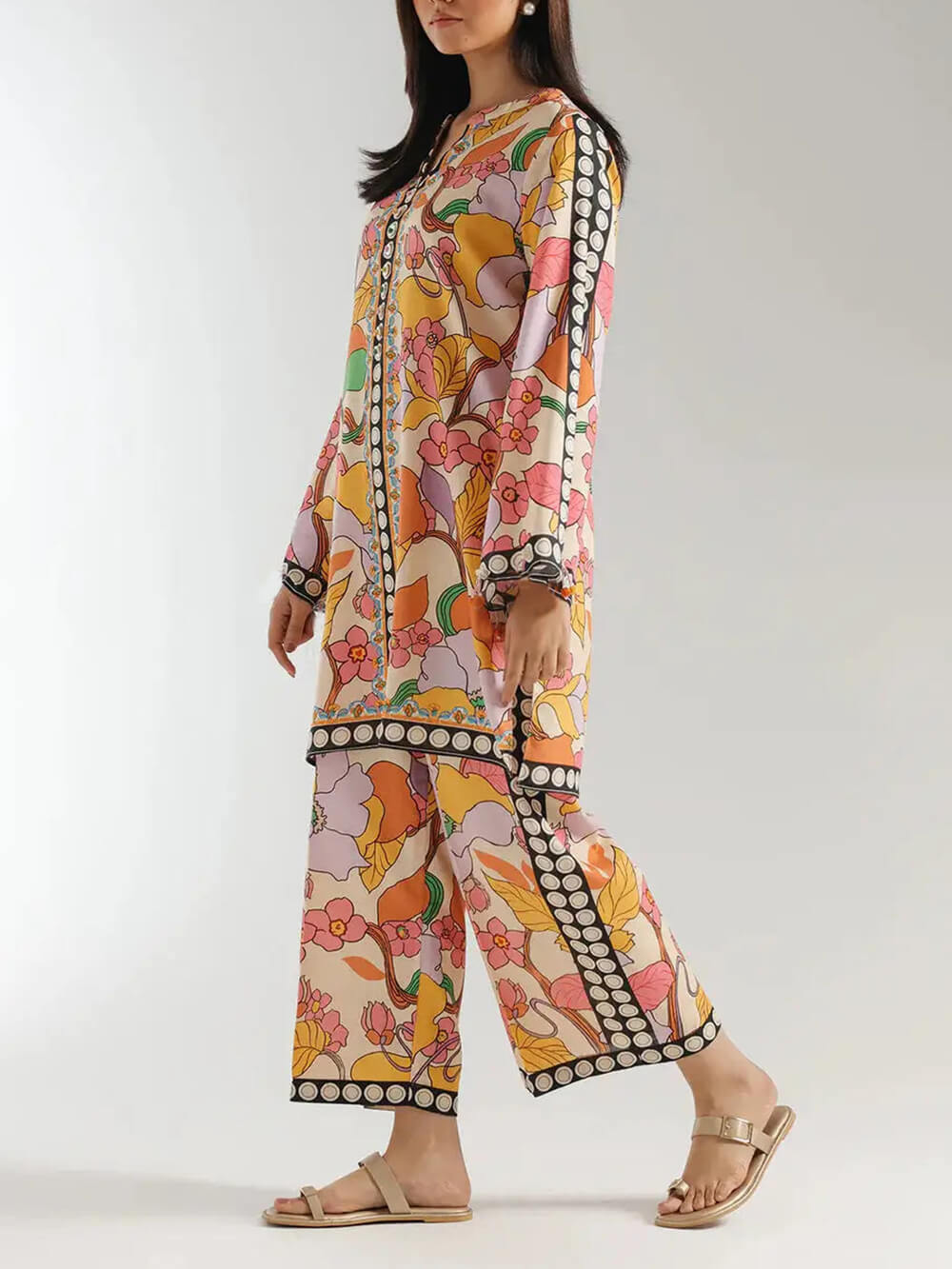 Pantalon large à imprimé ethnique bohème et colorblock