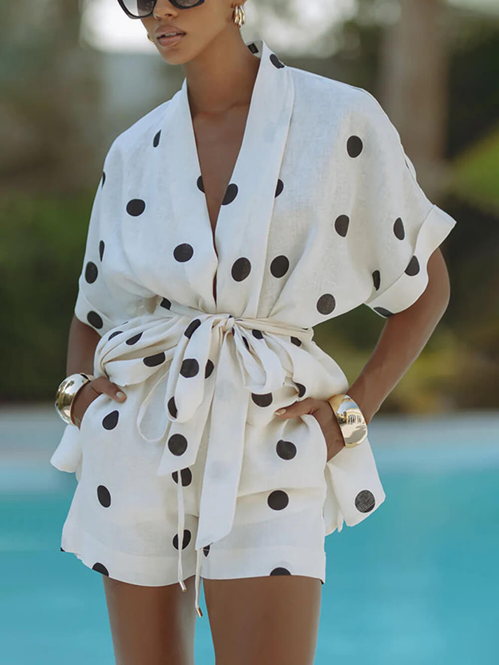 Playful Linen Polka Dot Prints Tie-up Kimono Top and Elastic Waist Pocket Shorts Set