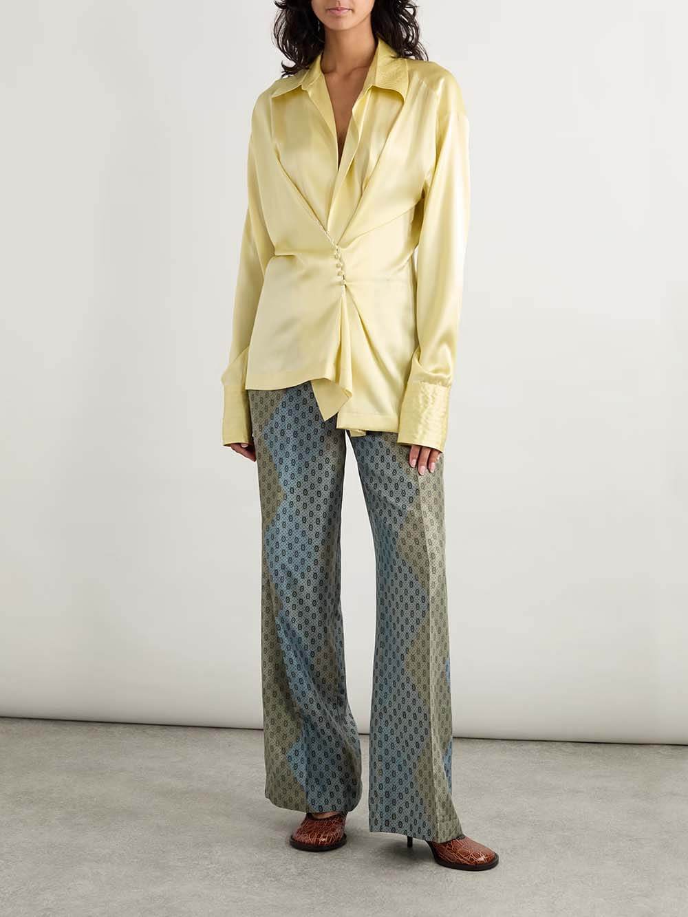 Delicate Wrap-Effect Stretch Satin Button-Detail Shirt