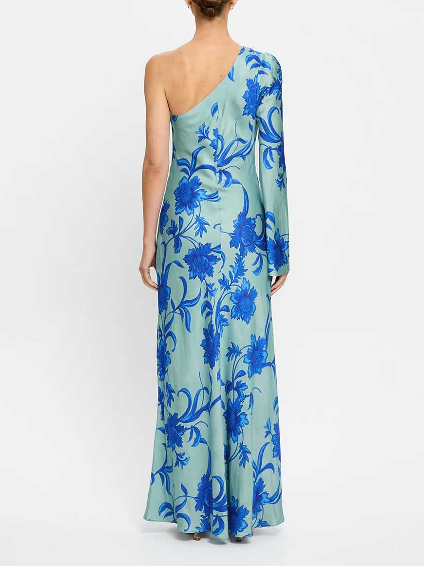 Elegantes, einschultriges, florales, auffälliges, schmal geschnittenes Maxikleid