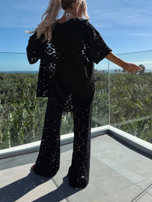 Ensemble classique de vacances avec chemise à manches courtes en dentelle et pantalon large à taille élastique