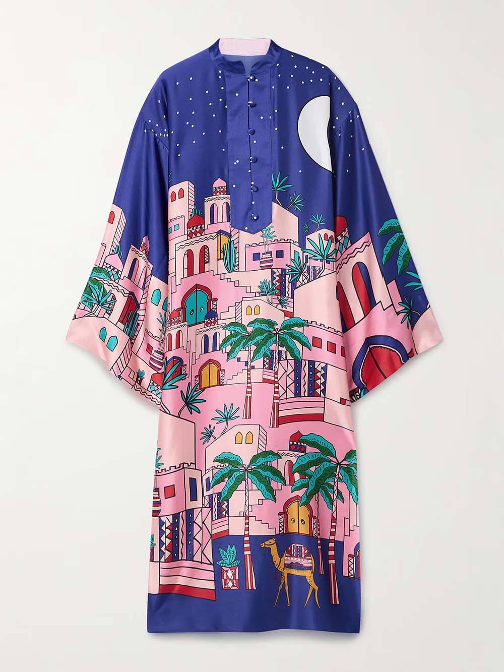Unique Seaside – Langärmliges Kaftan-Midikleid mit Satin-Print und Knopfleiste, Schlitz