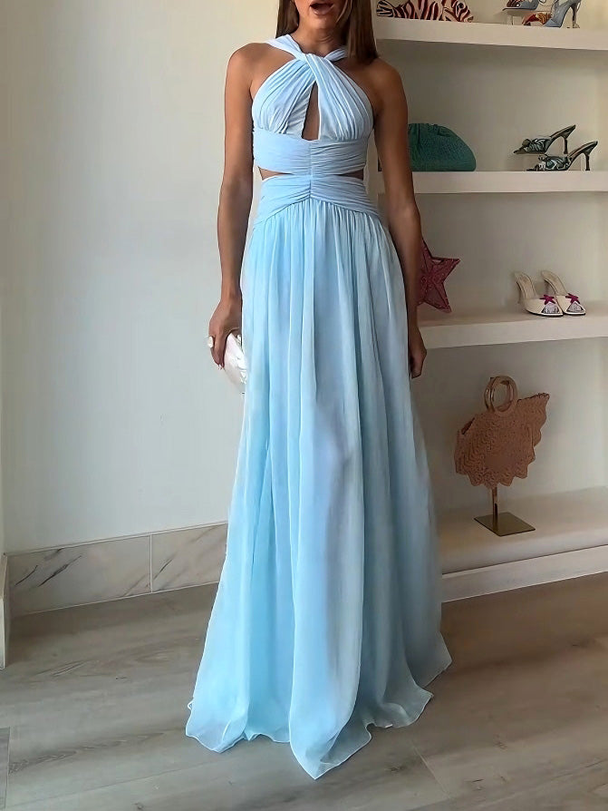 Elegant Halter Twist Front Cutout Pleated Maxi Dress