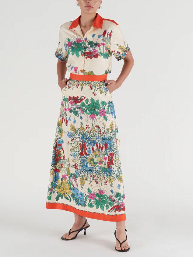 Jupe longue taille haute à imprimé botanique exquis