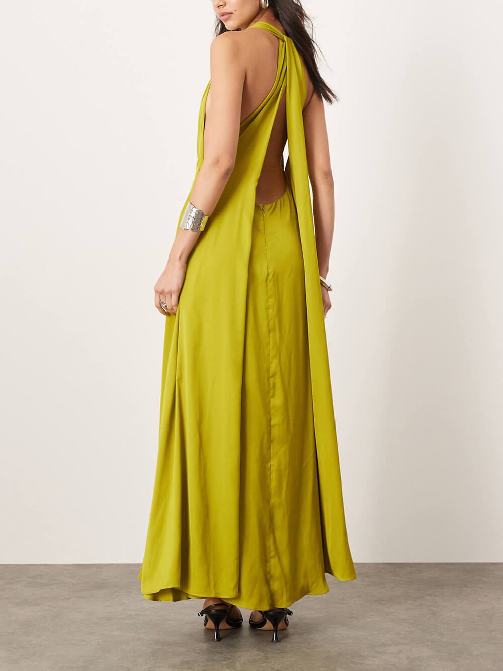 Elegant Modern Ruched Satin Pocket Backless Maxi Dress